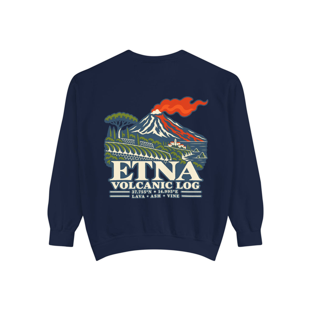 True Navy Comfort Colors 1566 sweatshirt flat lay showing the Etna Volcanic Log large back print.