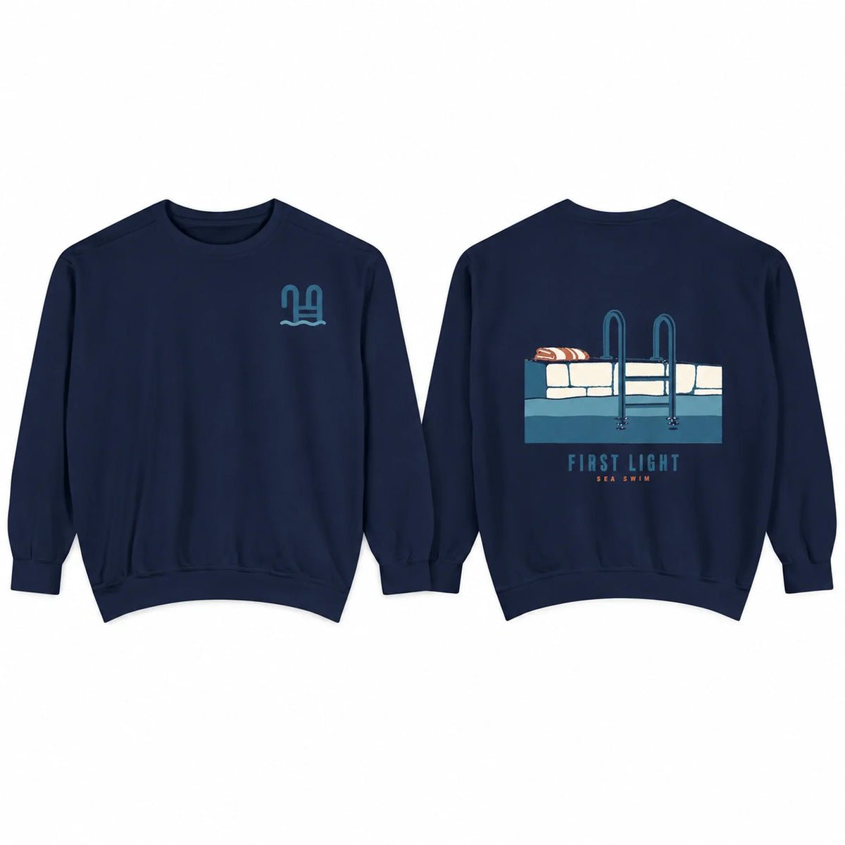 First Light Sea Swim True Navy sweatshirt front and back overview with chest mark and large back artwork