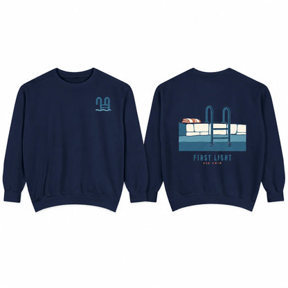 First Light Sea Swim True Navy sweatshirt front and back overview with chest mark and large back artwork