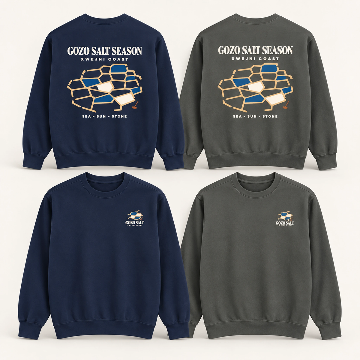 Gozo Salt Season sweatshirt color options shown in True Navy and Pepper on the Comfort Colors 1566 garment-dyed crewneck.