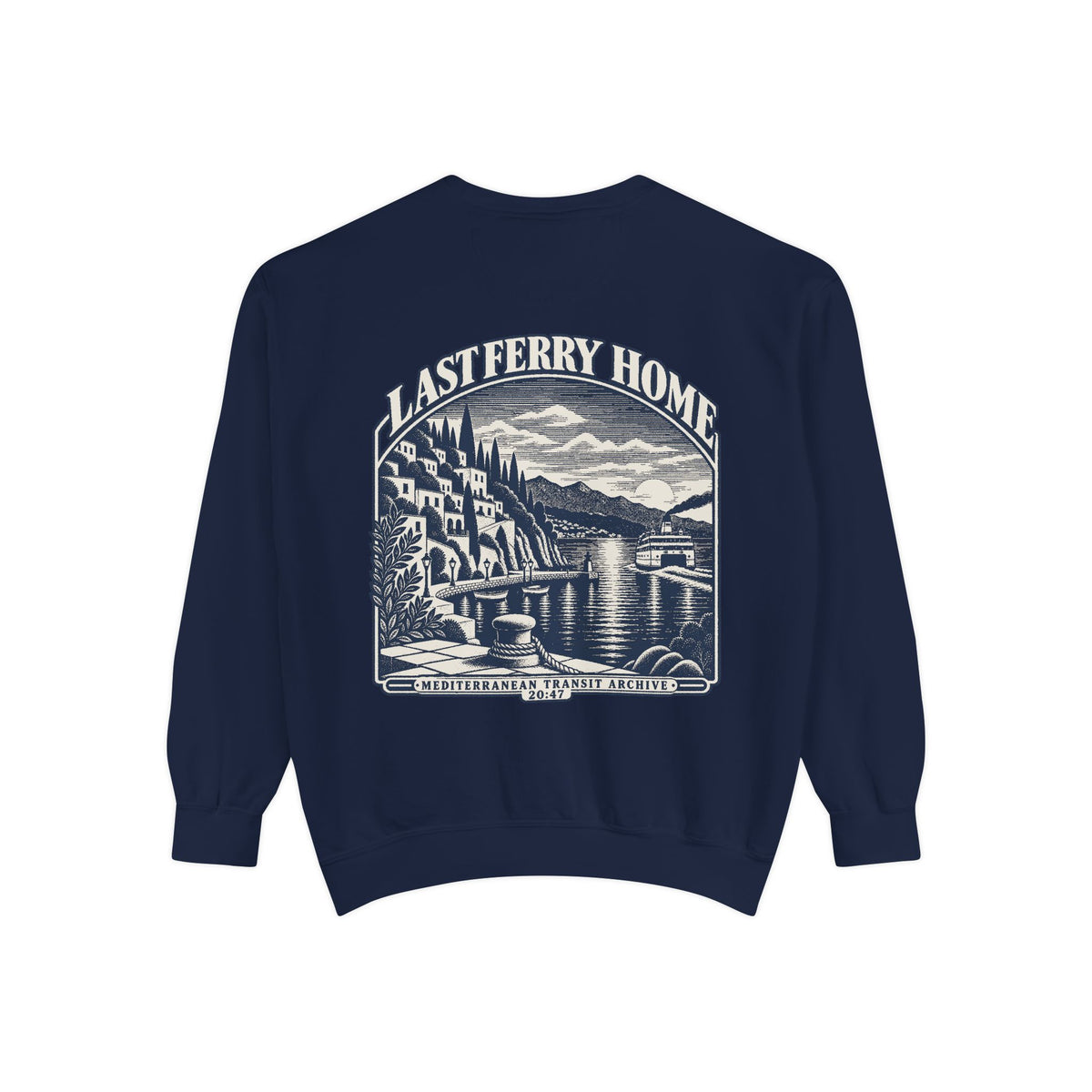 True Navy Comfort Colors 1566 sweatshirt flat lay showing the Last Ferry Home large back print.