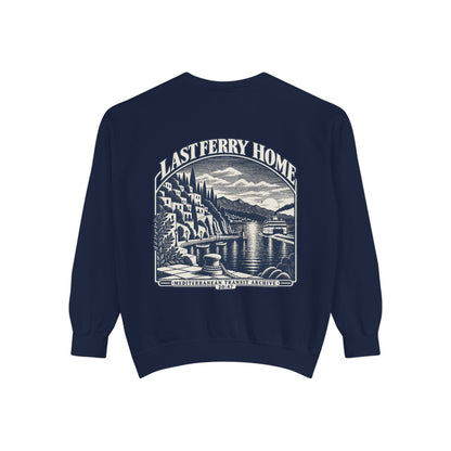True Navy Comfort Colors 1566 sweatshirt flat lay showing the Last Ferry Home large back print.