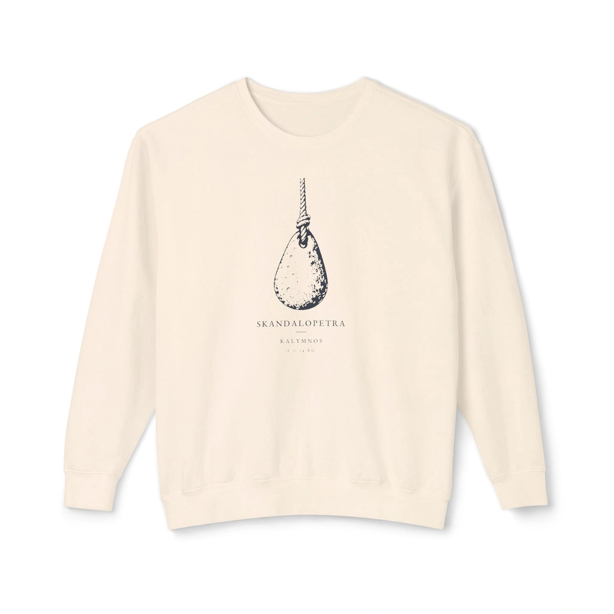 Official front product view of the Skandalopetra Ivory Comfort Colors 1466 crewneck with navy artwork