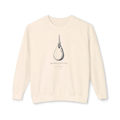 Official front product view of the Skandalopetra Ivory Comfort Colors 1466 crewneck with navy artwork