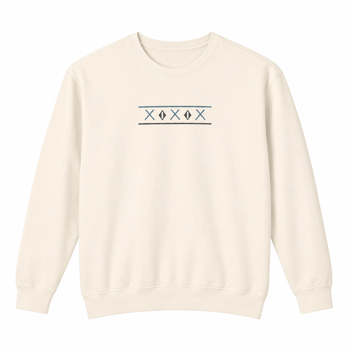 Ivory Tinos Dovecote Geometry lightweight crewneck front product view with geometric design