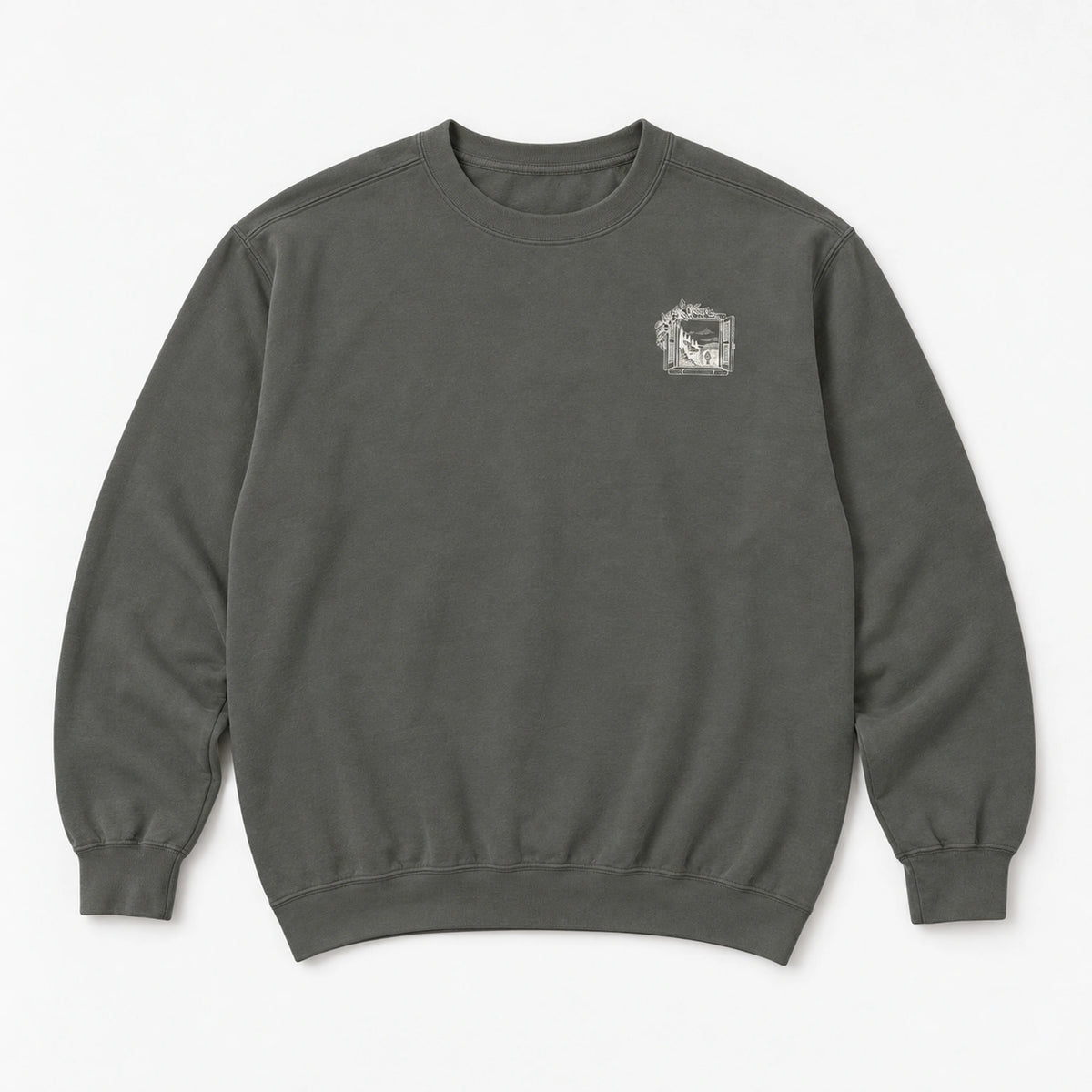 Windows Open to the Sea Pepper Comfort Colors 1566 sweatshirt front flat lay with small left-chest window mark.