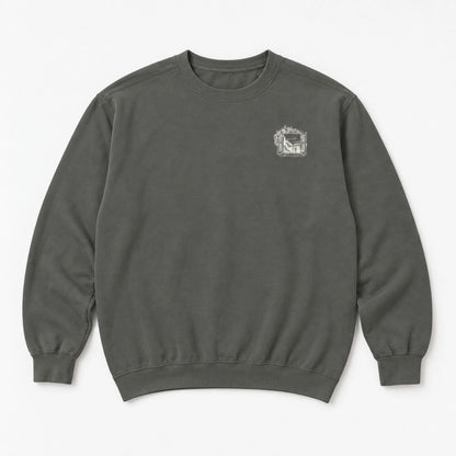 Windows Open to the Sea Pepper Comfort Colors 1566 sweatshirt front flat lay with small left-chest window mark.