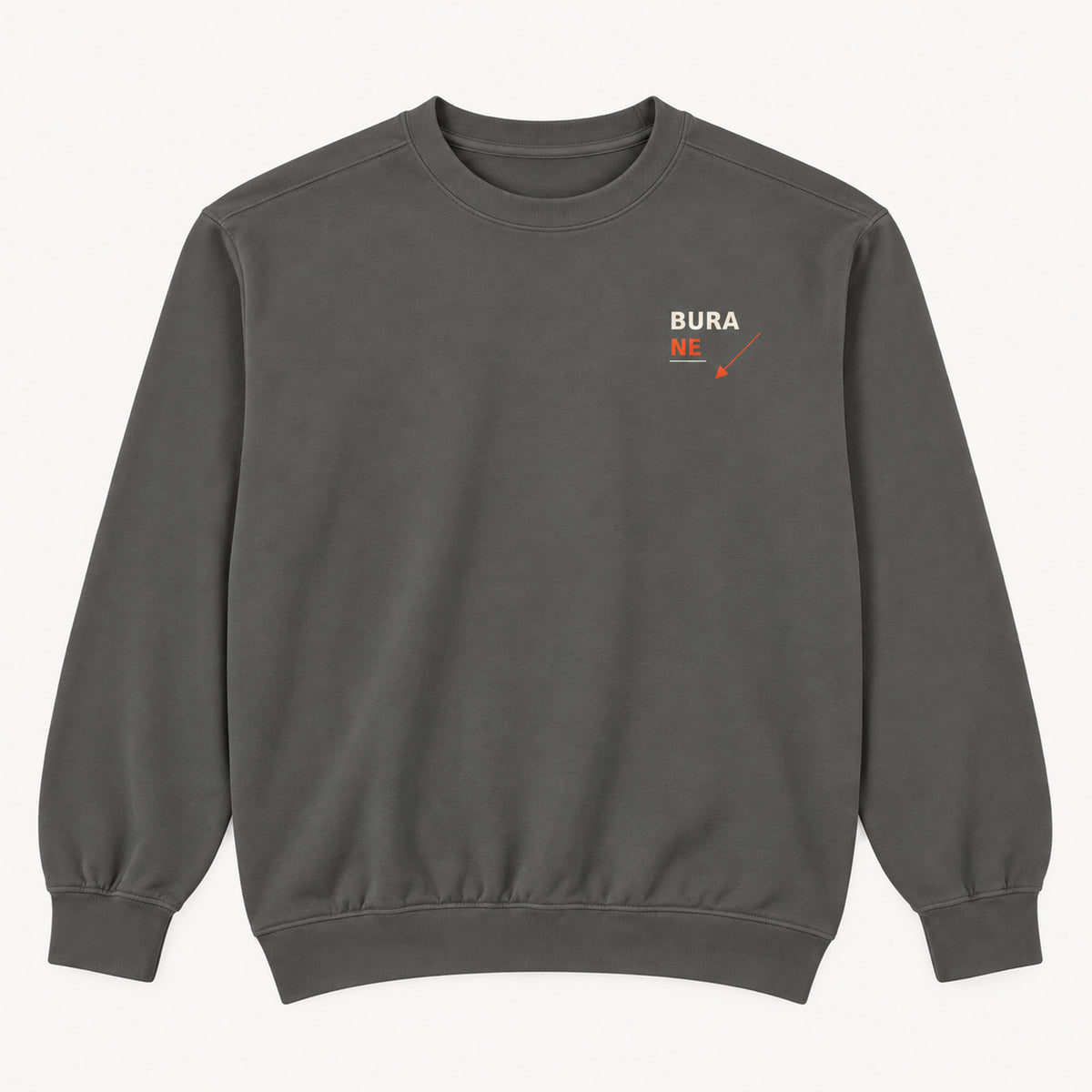 Bura Warning Pepper Comfort Colors 1566 sweatshirt front flat lay with BURA NE chest print