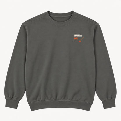 Bura Warning Pepper Comfort Colors 1566 sweatshirt front flat lay with BURA NE chest print