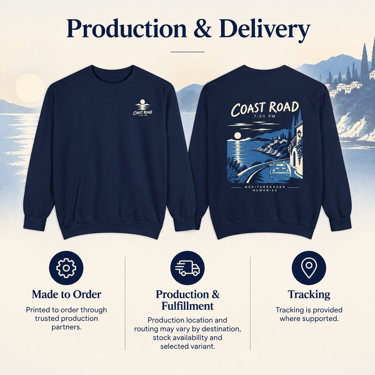 Coast Road 7:20 PM production and delivery information: made to order, variable fulfillment routing and tracking where supported.