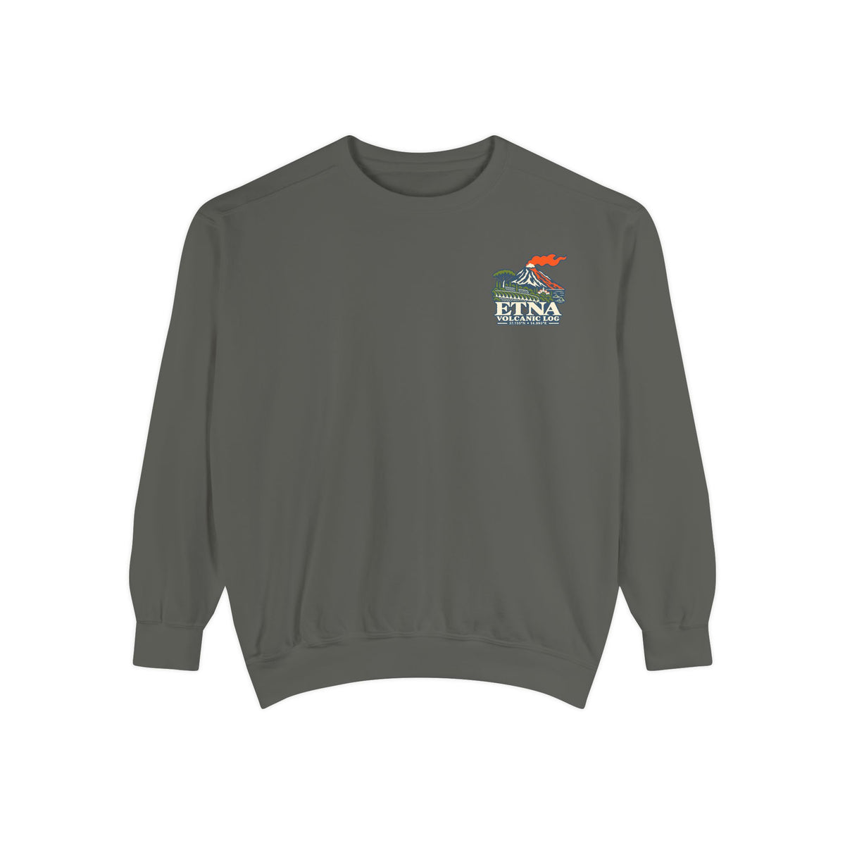 Pepper Comfort Colors 1566 sweatshirt flat lay showing the Etna Volcanic Log chest print.