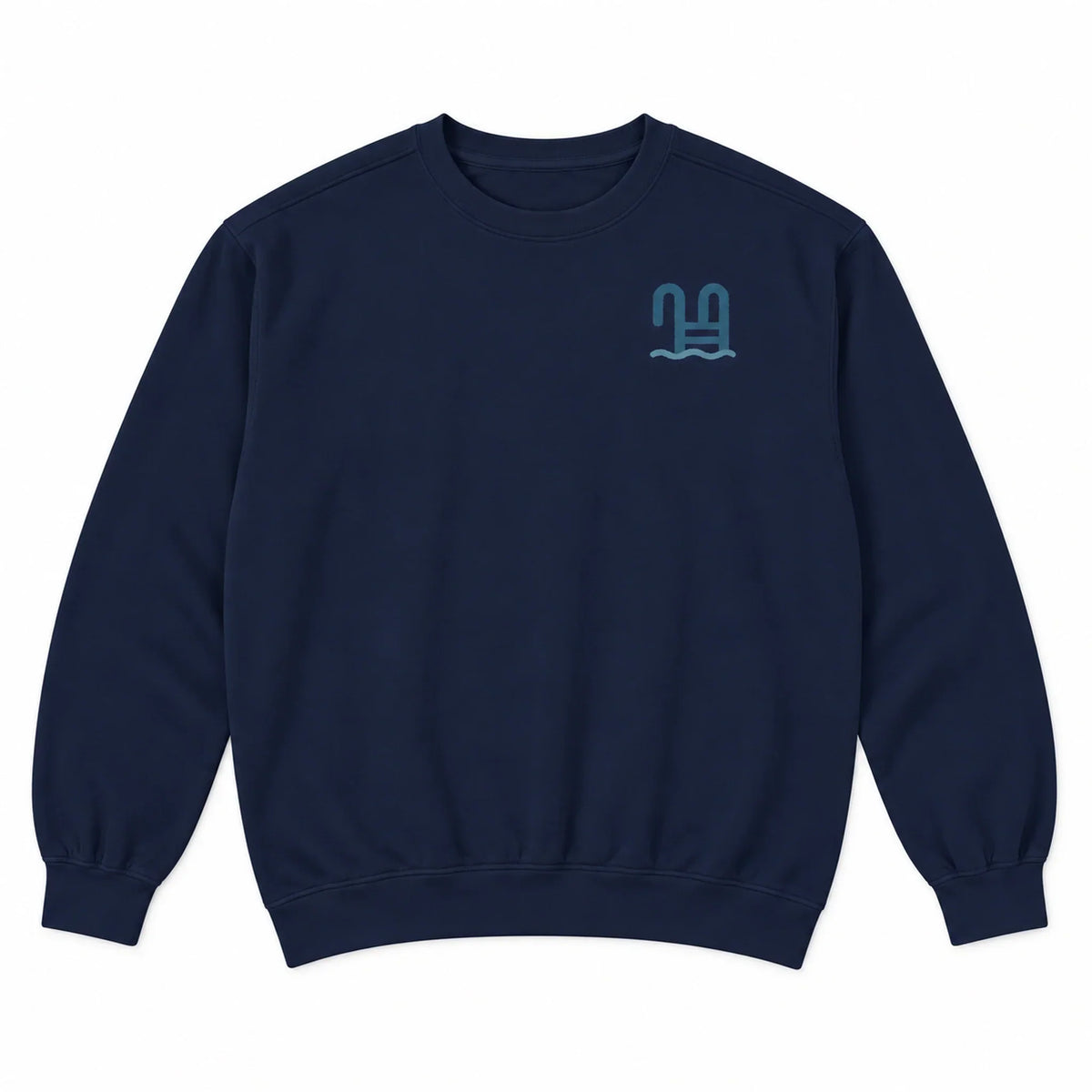 First Light Sea Swim True Navy sweatshirt front flat lay with sea ladder chest mark