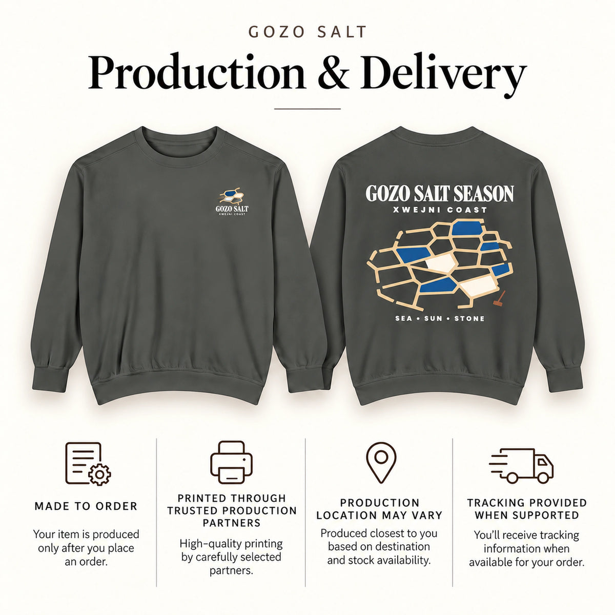 Gozo Salt Season production and delivery information with Pepper front and back sweatshirt views.