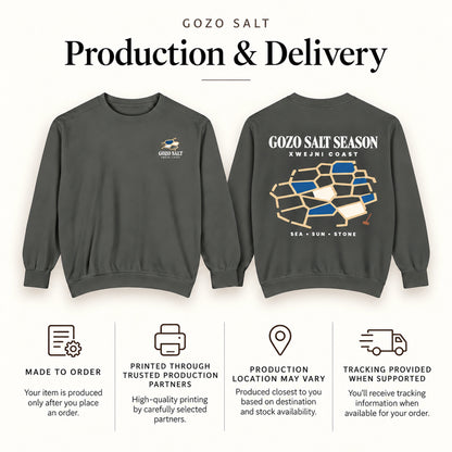 Gozo Salt Season production and delivery information with Pepper front and back sweatshirt views.