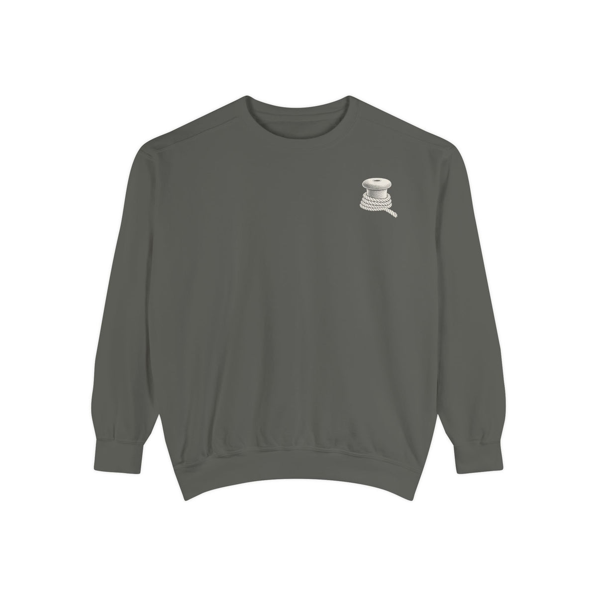 Pepper Comfort Colors 1566 sweatshirt flat lay showing the Last Ferry Home chest mark.