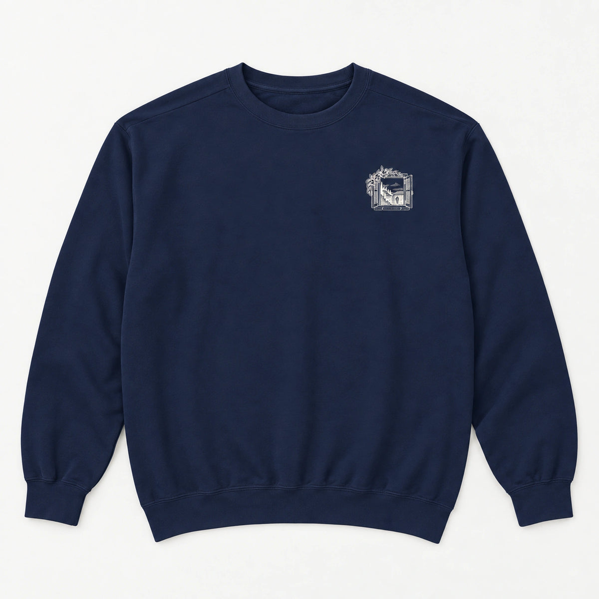 Windows Open to the Sea True Navy Comfort Colors 1566 sweatshirt front flat lay with small left-chest window mark.