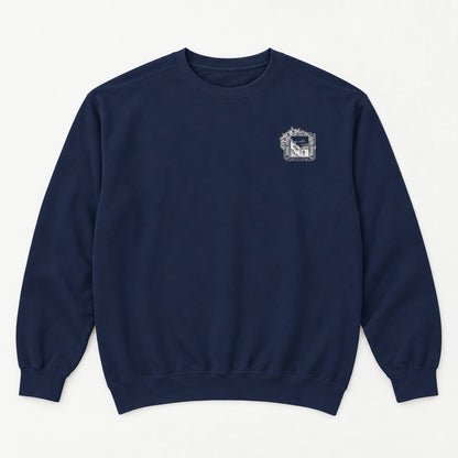 Windows Open to the Sea True Navy Comfort Colors 1566 sweatshirt front flat lay with small left-chest window mark.