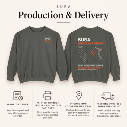 Bura Warning production and delivery information with Pepper front and back sweatshirt views