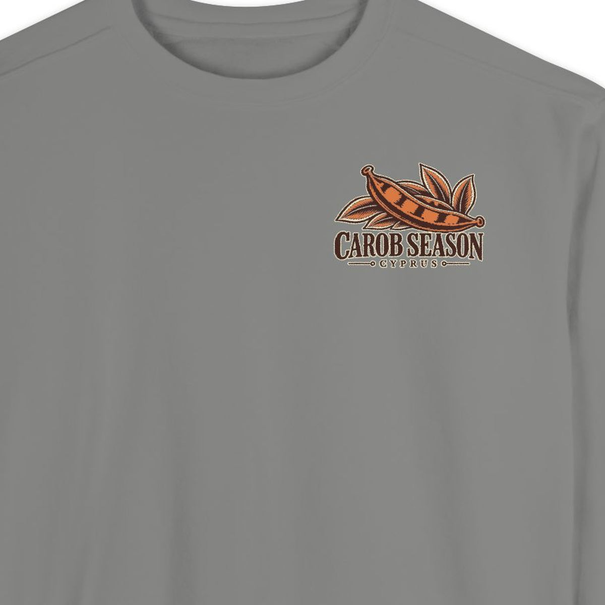 Carob Season Cyprus Harvest Grey chest print detail