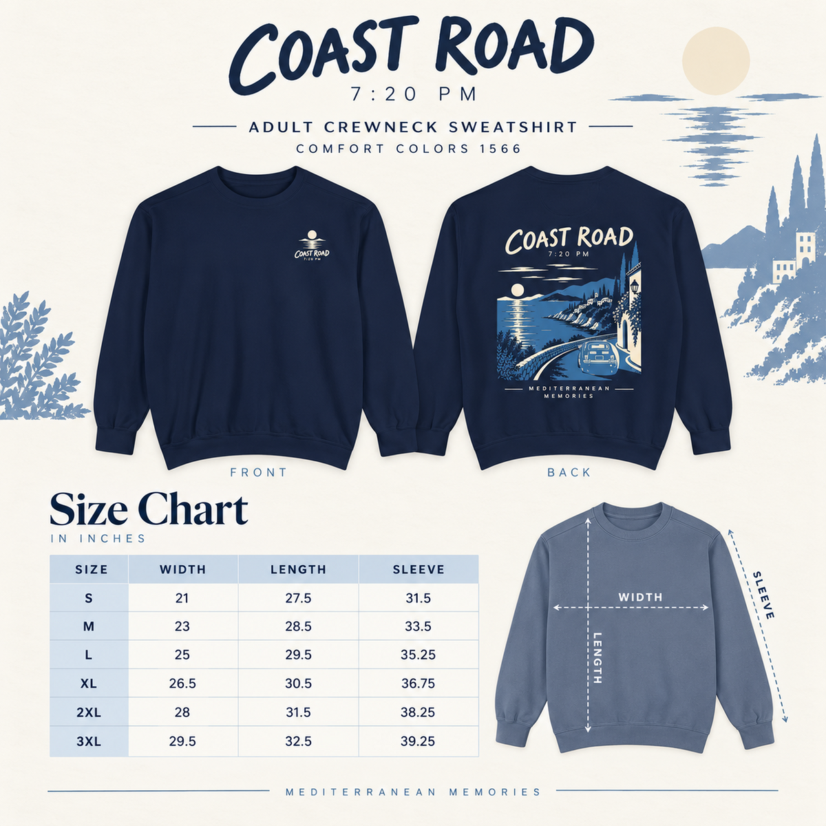 Coast Road 7:20 PM Comfort Colors 1566 size guide with garment measurements from S to 3XL.
