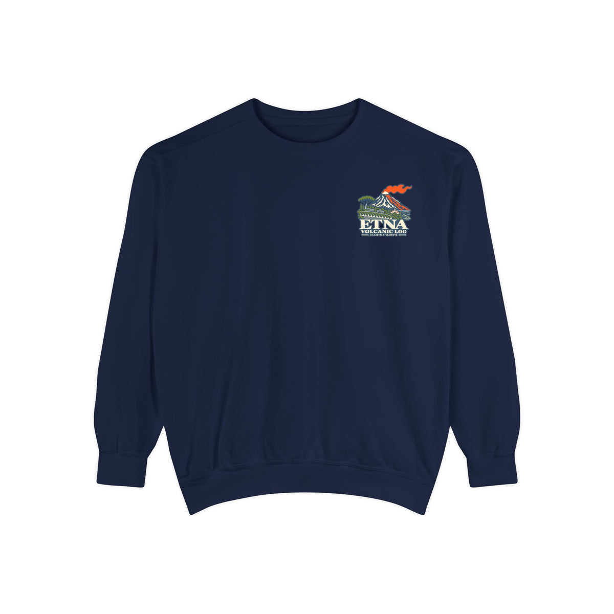 True Navy Comfort Colors 1566 sweatshirt flat lay showing the Etna Volcanic Log chest print.