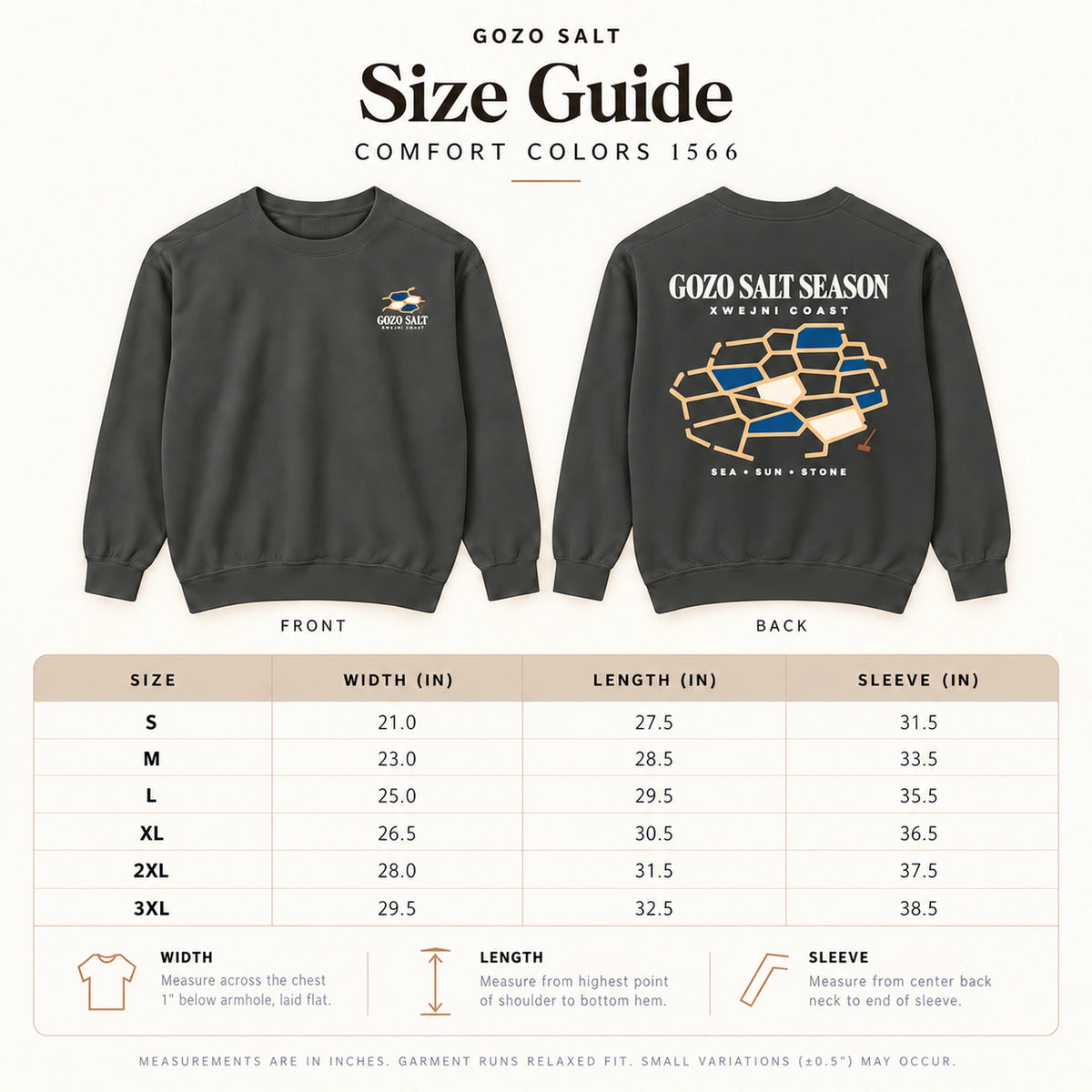 Gozo Salt Season Comfort Colors 1566 size guide with front and back sweatshirt views and measurements from S to 3XL.