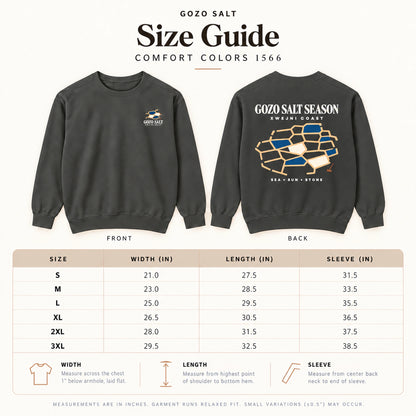 Gozo Salt Season Comfort Colors 1566 size guide with front and back sweatshirt views and measurements from S to 3XL.