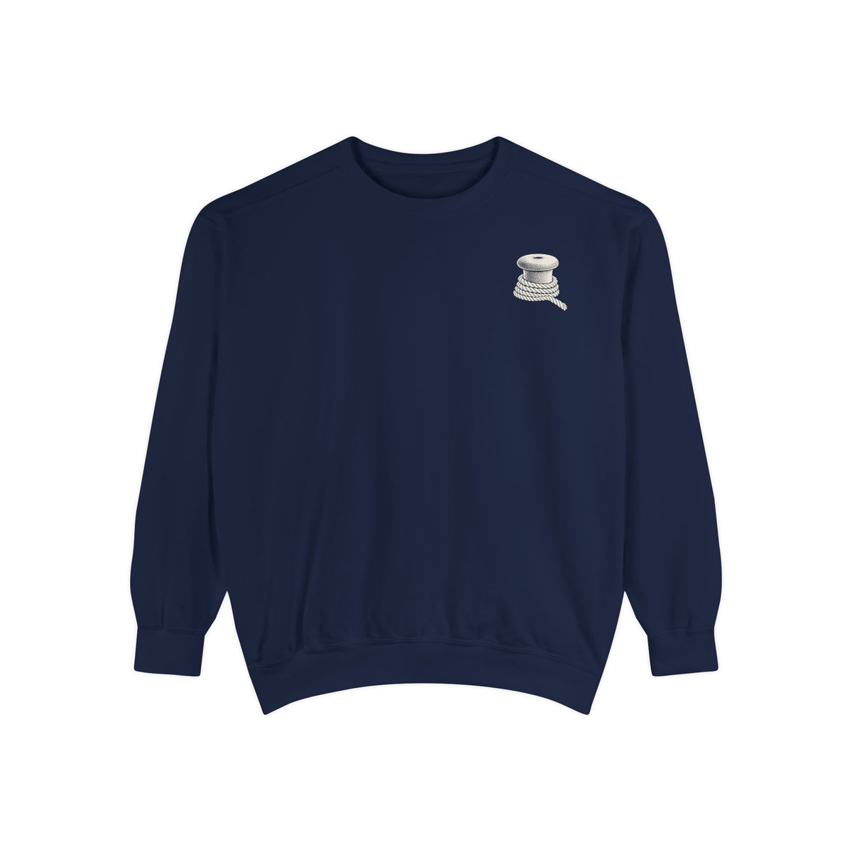 True Navy Comfort Colors 1566 sweatshirt flat lay showing the Last Ferry Home chest mark.