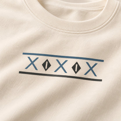 Detailed view of Tinos Dovecote Geometry geometric DTG front print and Ivory fabric texture