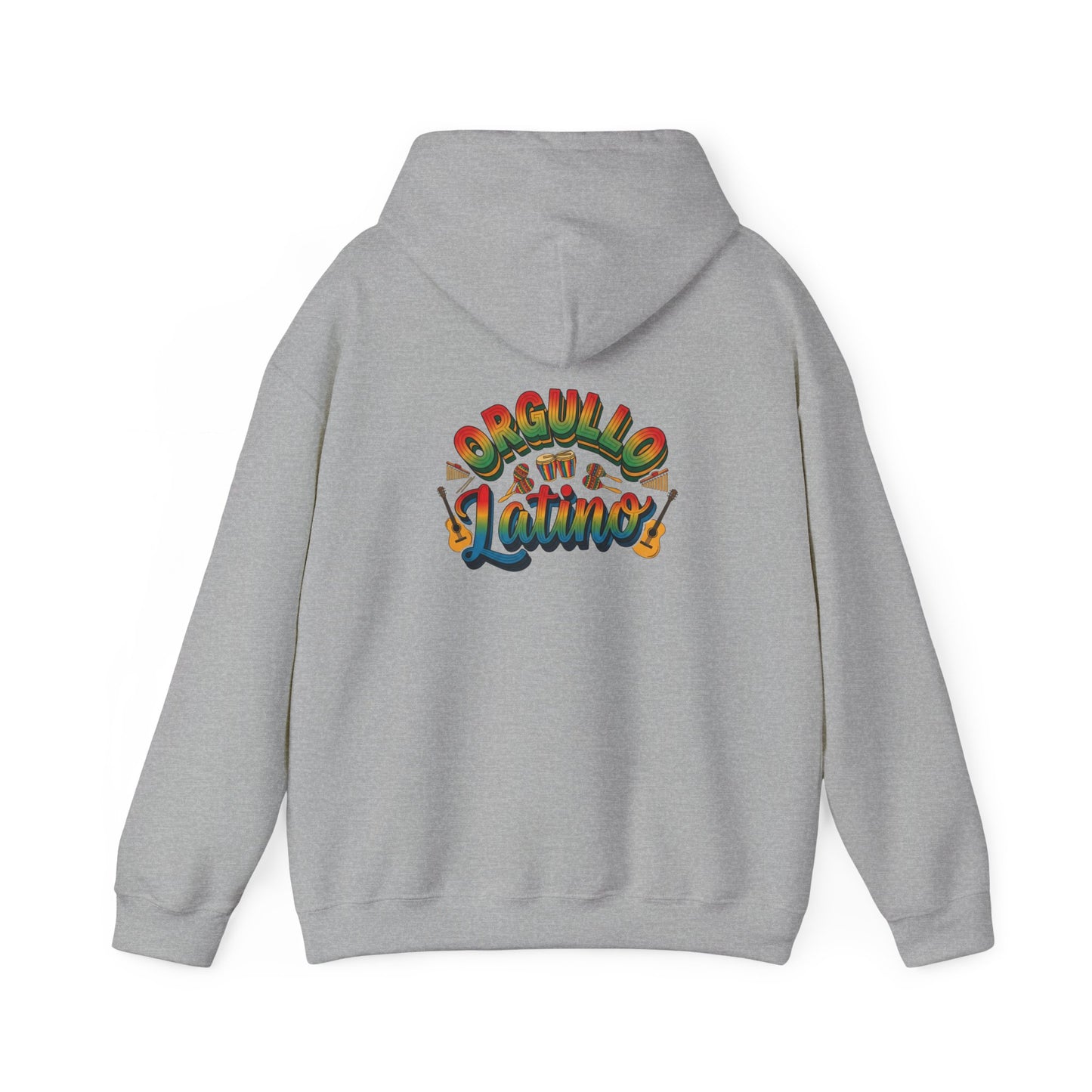 Gray hoodie with colorful text design on the back against a white background