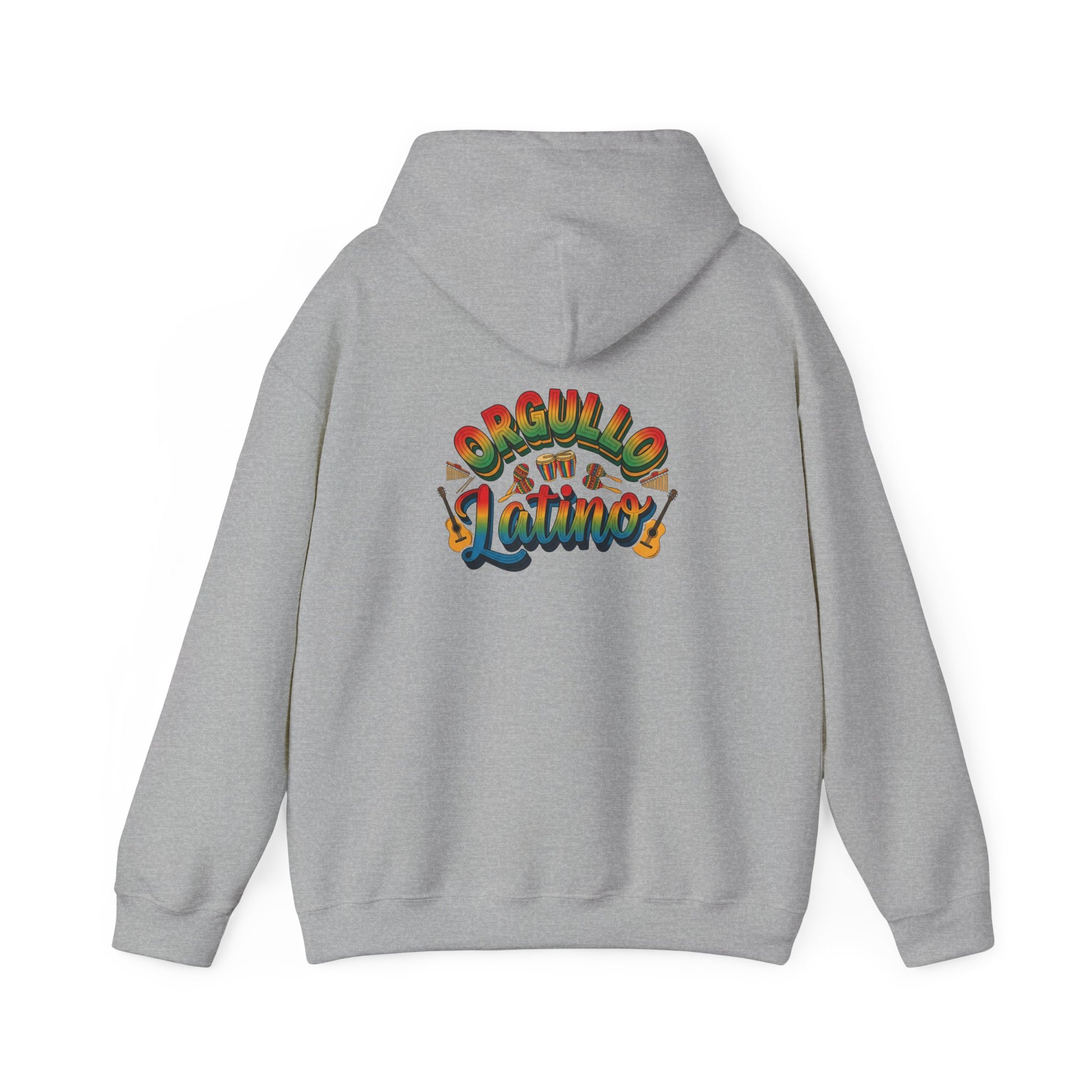 Gray hoodie with colorful text design on the back against a white background