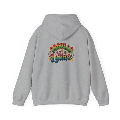 Gray hoodie with colorful text design on the back against a white background