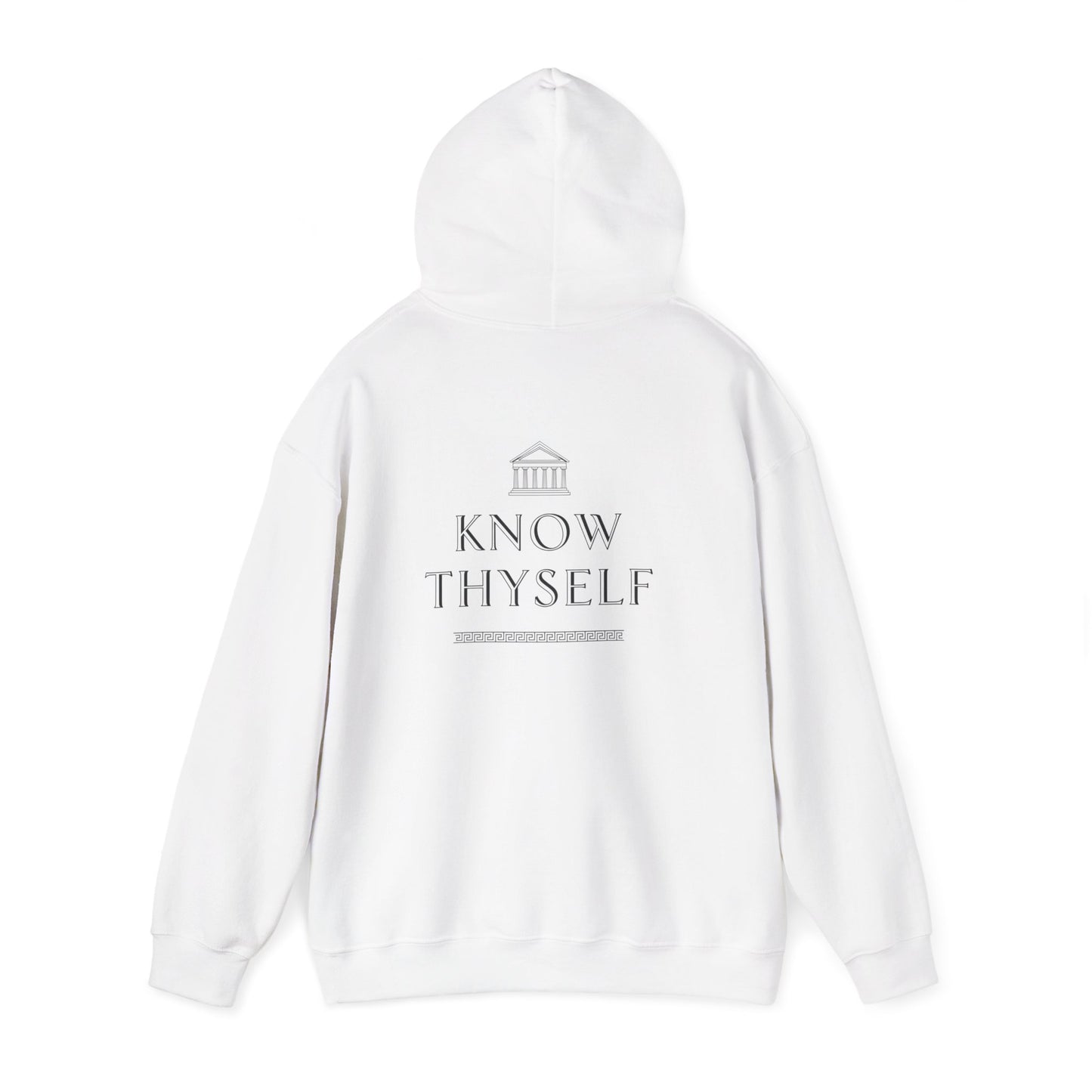White hoodie with 'Know Thyself' text on a white background