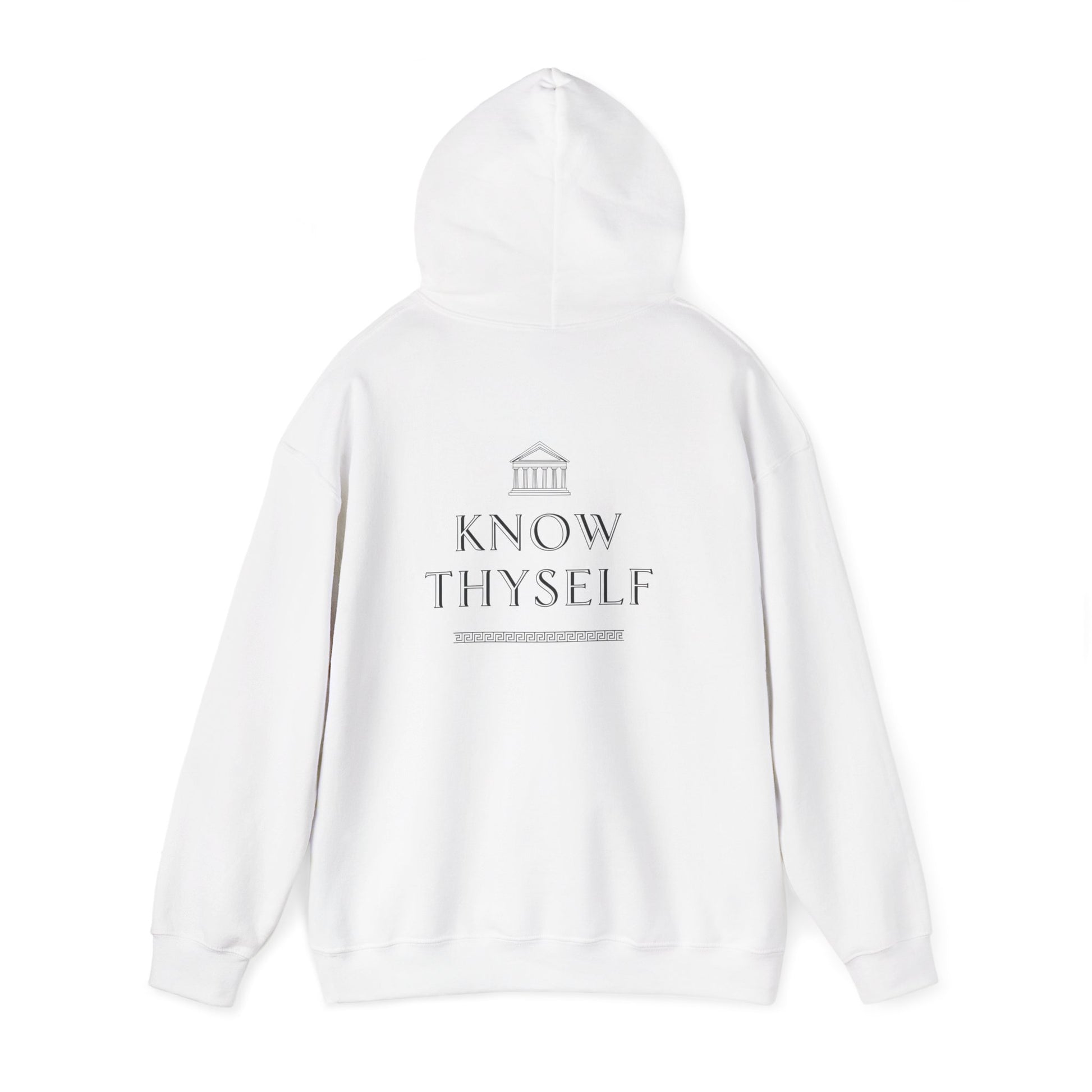 White hoodie with 'Know Thyself' text on a white background