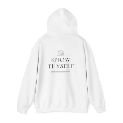 White hoodie with 'Know Thyself' text on a white background