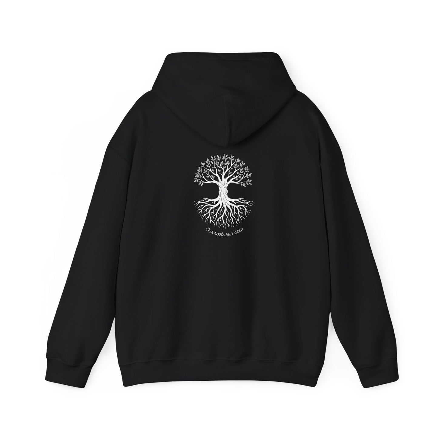 Black hoodie with a white tree design on the back against a white background