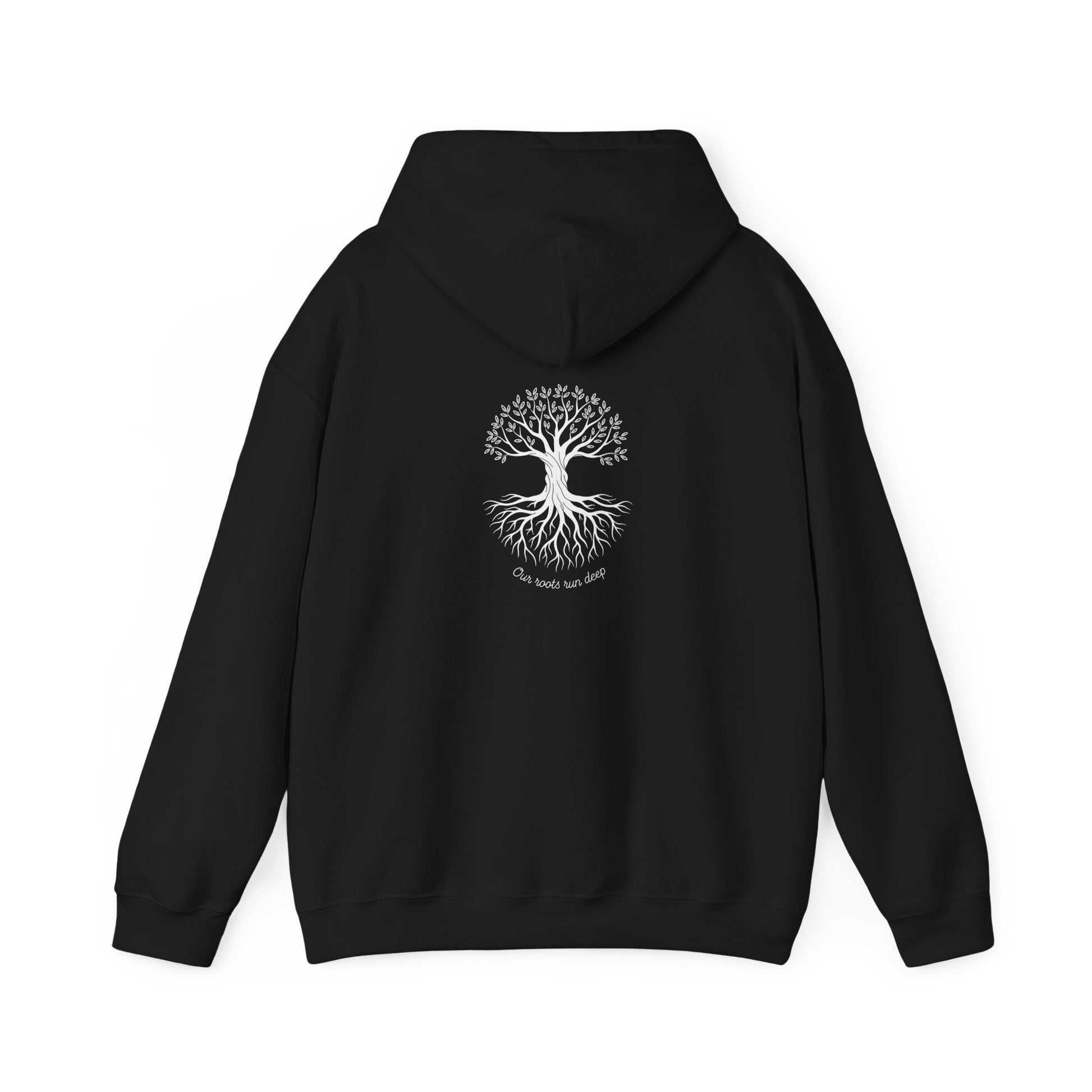 Black hoodie with a white tree design on the back against a white background