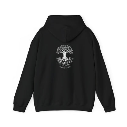 Black hoodie with a white tree design on the back against a white background