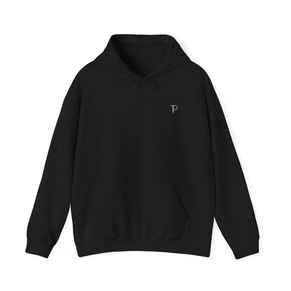 Black hoodie with a small logo on a white background