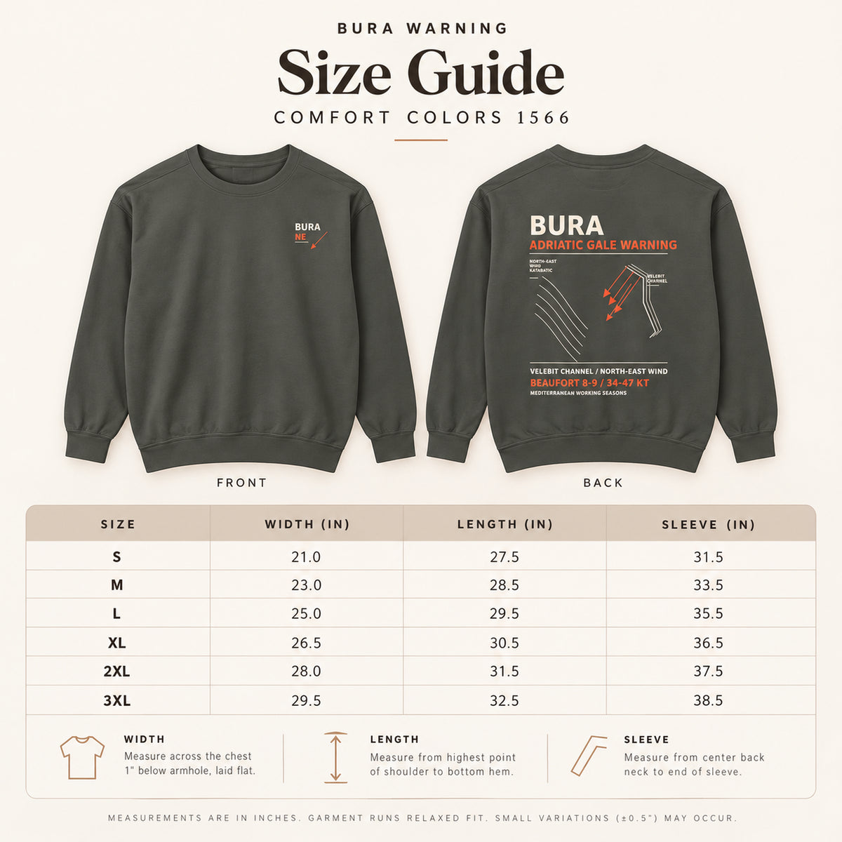 Bura Warning Comfort Colors 1566 sweatshirt size guide for S through 3XL