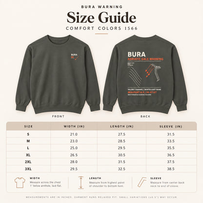 Bura Warning Comfort Colors 1566 sweatshirt size guide for S through 3XL
