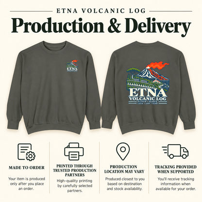 Etna Volcanic Log production and delivery information with Pepper front and back sweatshirt views.