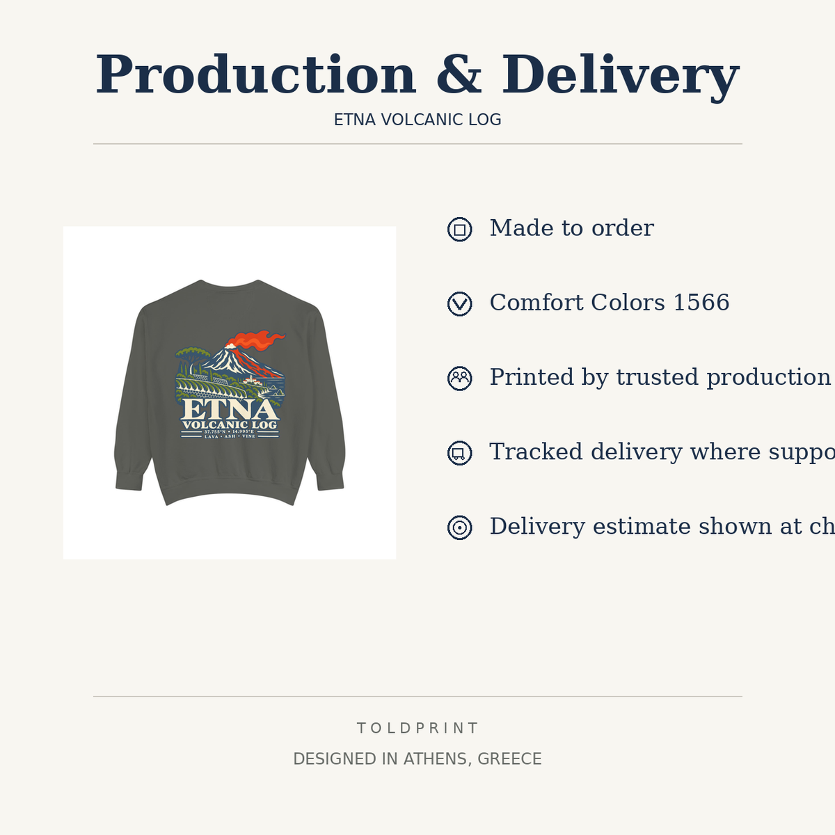 Etna Volcanic Log production and delivery information for the made-to-order Comfort Colors 1566 sweatshirt.