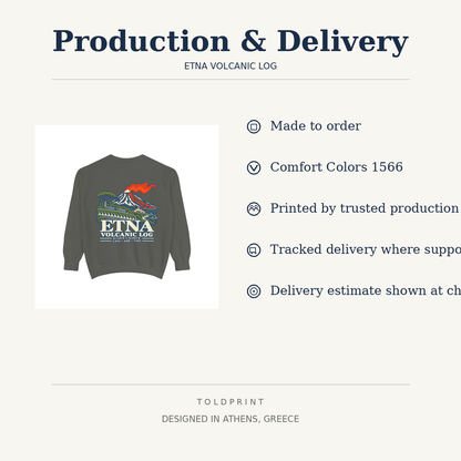 Etna Volcanic Log production and delivery information for the made-to-order Comfort Colors 1566 sweatshirt.