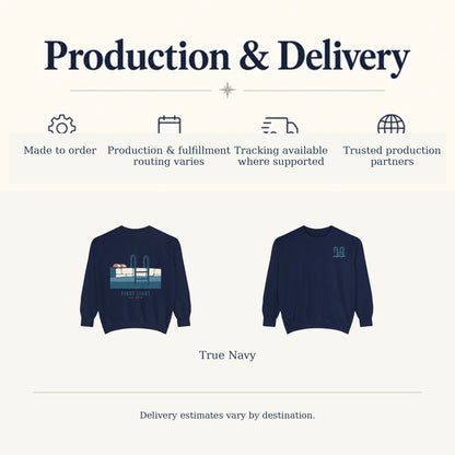 First Light Sea Swim production and delivery information with official True Navy front and back product views
