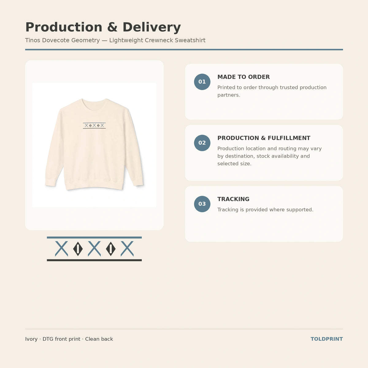 Tinos Dovecote Geometry production and delivery information for the Ivory lightweight crewneck sweatshirt
