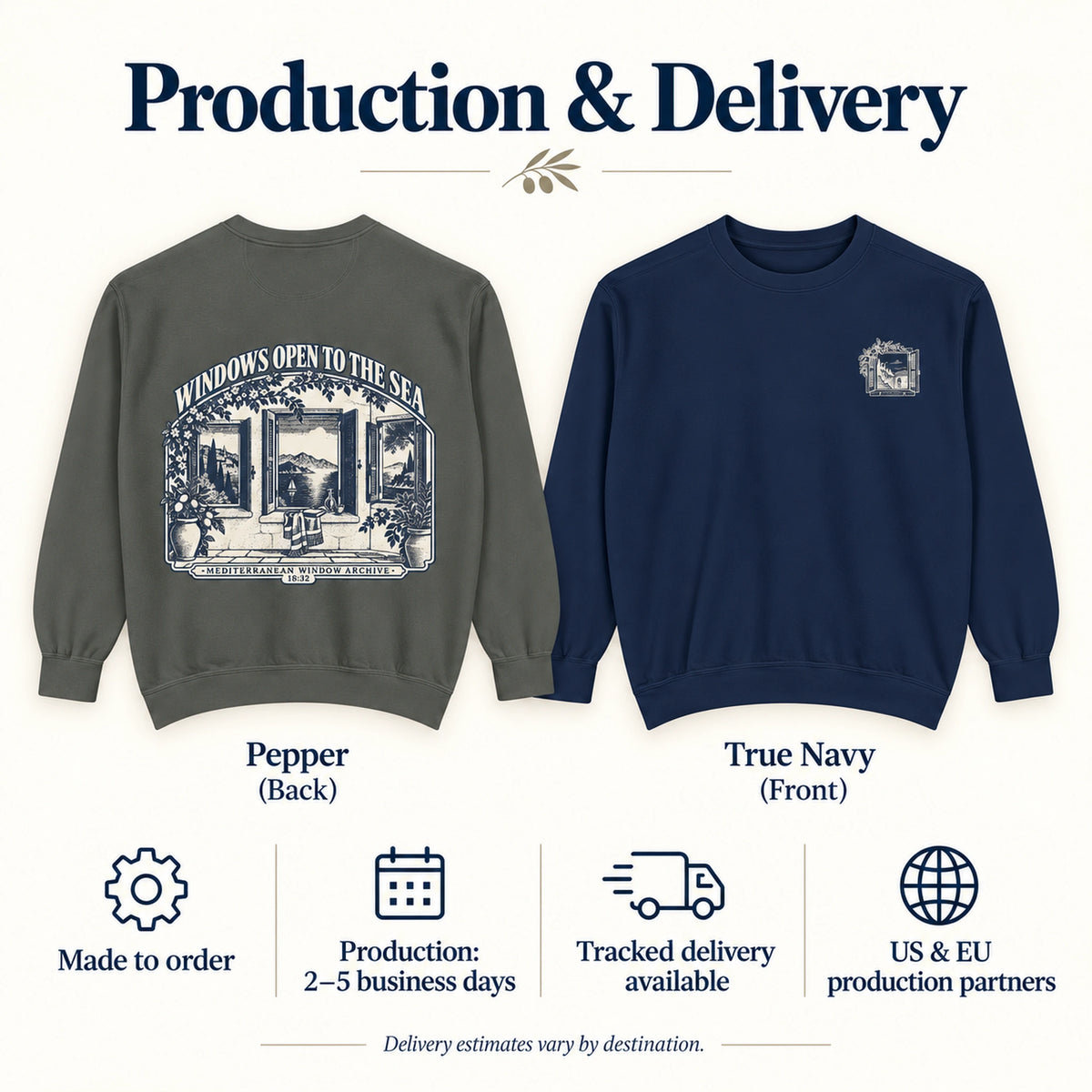 Windows Open to the Sea production and delivery information for the made-to-order Comfort Colors 1566 sweatshirt.