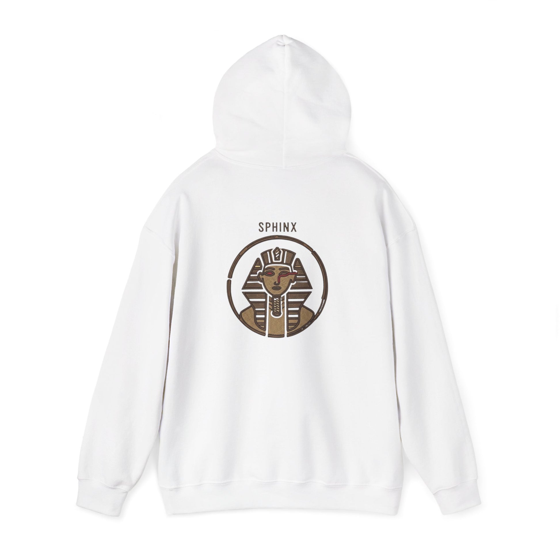 White hoodie with Sphinx logo on a white background