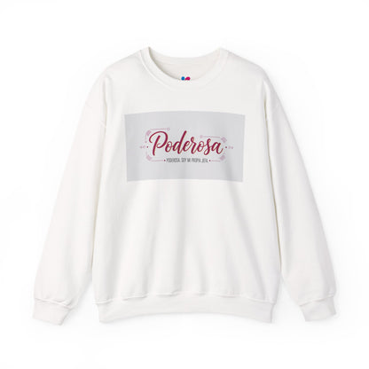 White sweatshirt with 'Poderosa' text on a white background