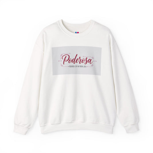 White sweatshirt with 'Poderosa' text on a white background